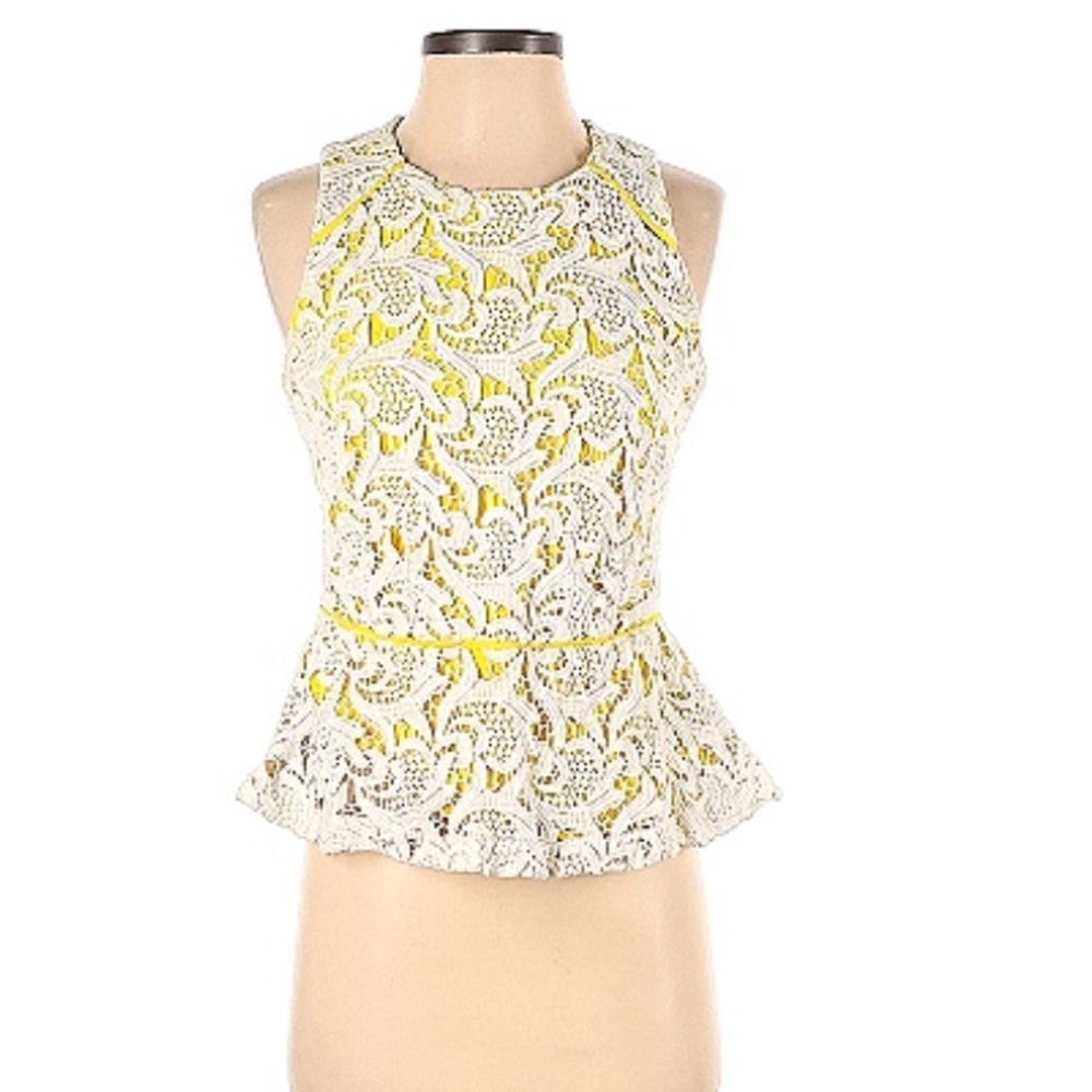 Greylin Yellow White Lace Peplum sleeveless top Small